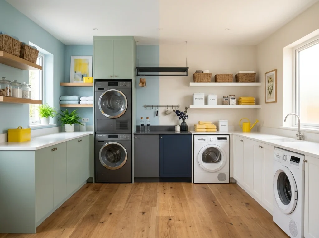 Modern laundry room showing different color schemes including soft blues, greens, navy, charcoal, warm white, beige, and yellow accents in a clean, organized interior design setting.
