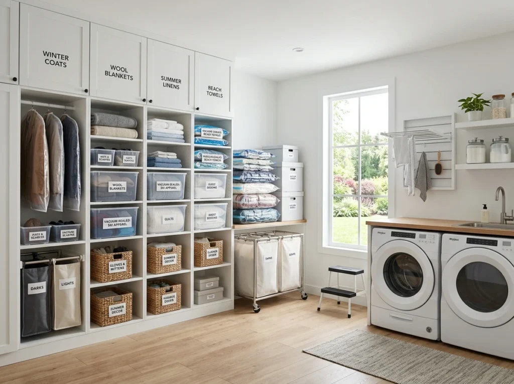 Large modern laundry room with overhead cabinets for seasonal storage, labeled bins, vacuum-sealed bags, and organized space for coats, blankets, and linens in a clean, clutter-free design.
