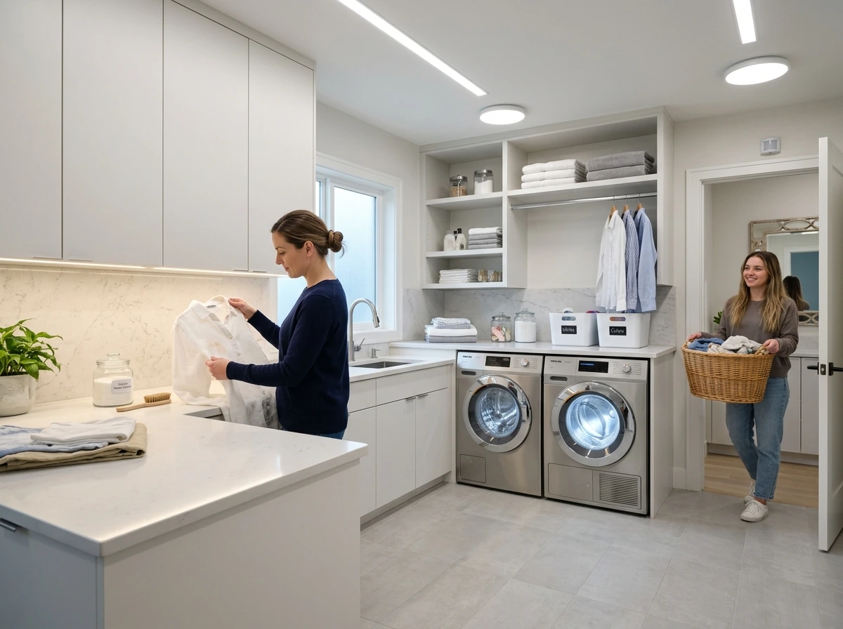 Modern laundry room with bright LED lighting, under-cabinet task lights, and motion-sensor lights highlighting a clean, organized workspace for stain checking and laundry tasks.
