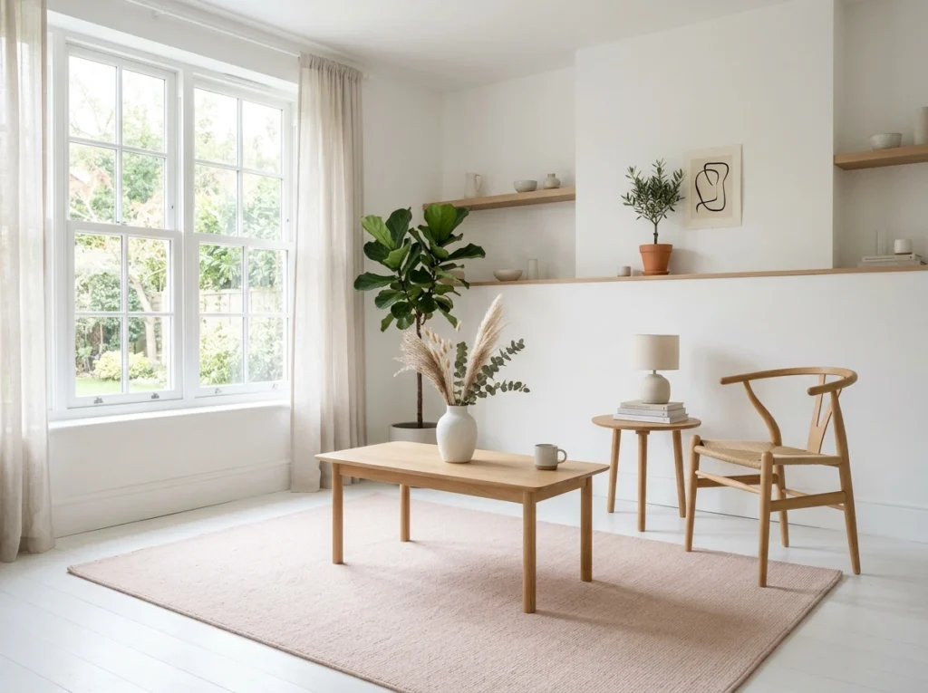 Simple modern room with subtle toned rug and clean interior styling