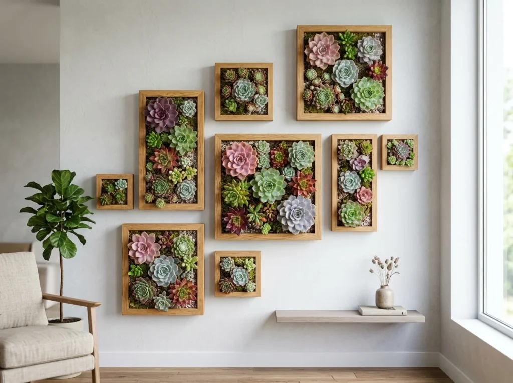 Living picture frame wall art with colorful succulents arranged in geometric patterns for modern plant wall art ideas in home decor