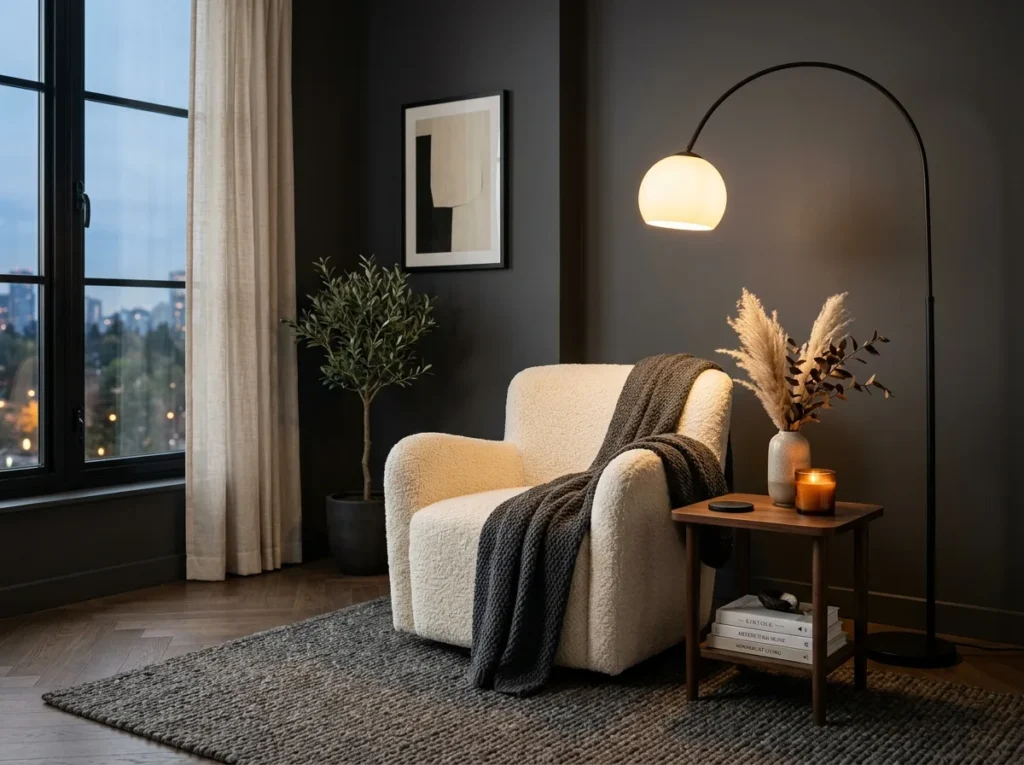 Compact luxury workspace corner with slim black desk and minimalist decor