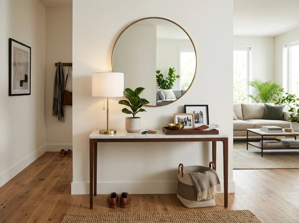modern entryway with sleek console table and wall mirror in elegant living room