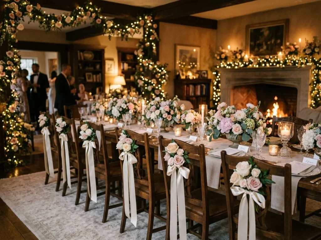 Elegant home wedding seating decorated with flowers and ribbons creating a cozy romantic atmosphere