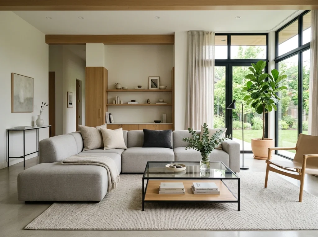 minimalist living room with glass coffee table and modular sofa in neutral decor