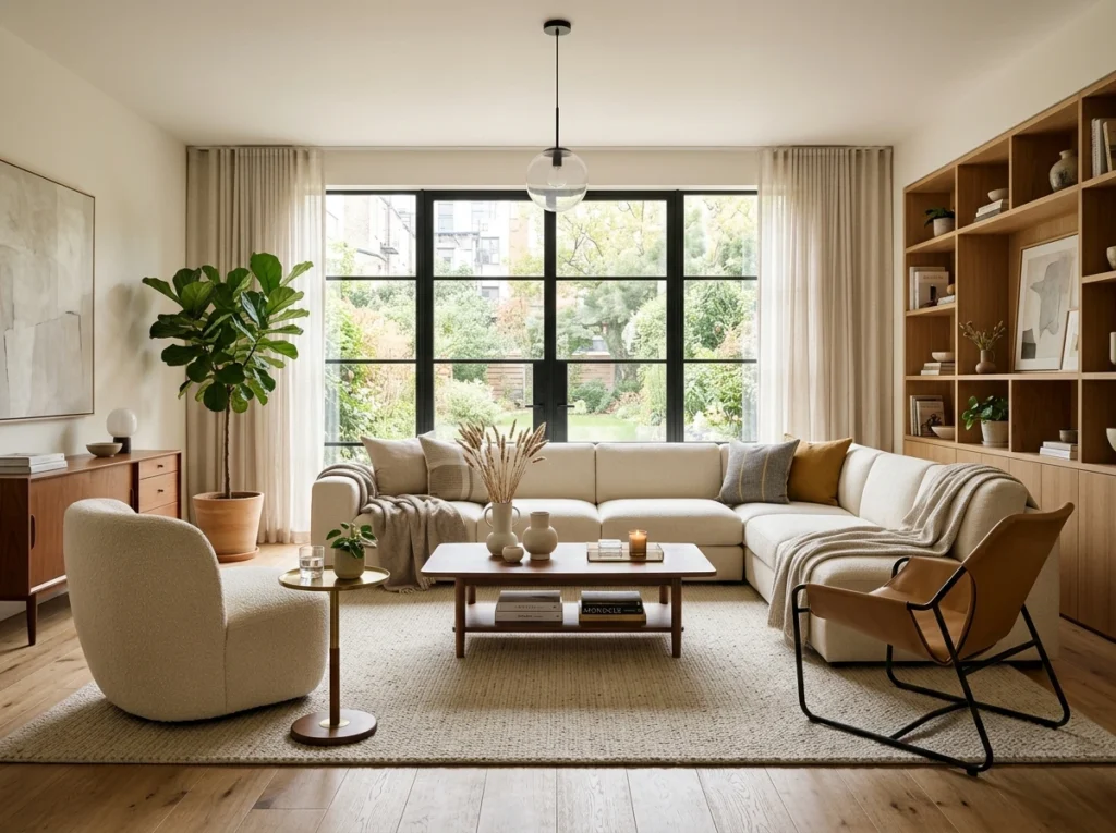 modern living room with creative furniture arrangement and stylish decor