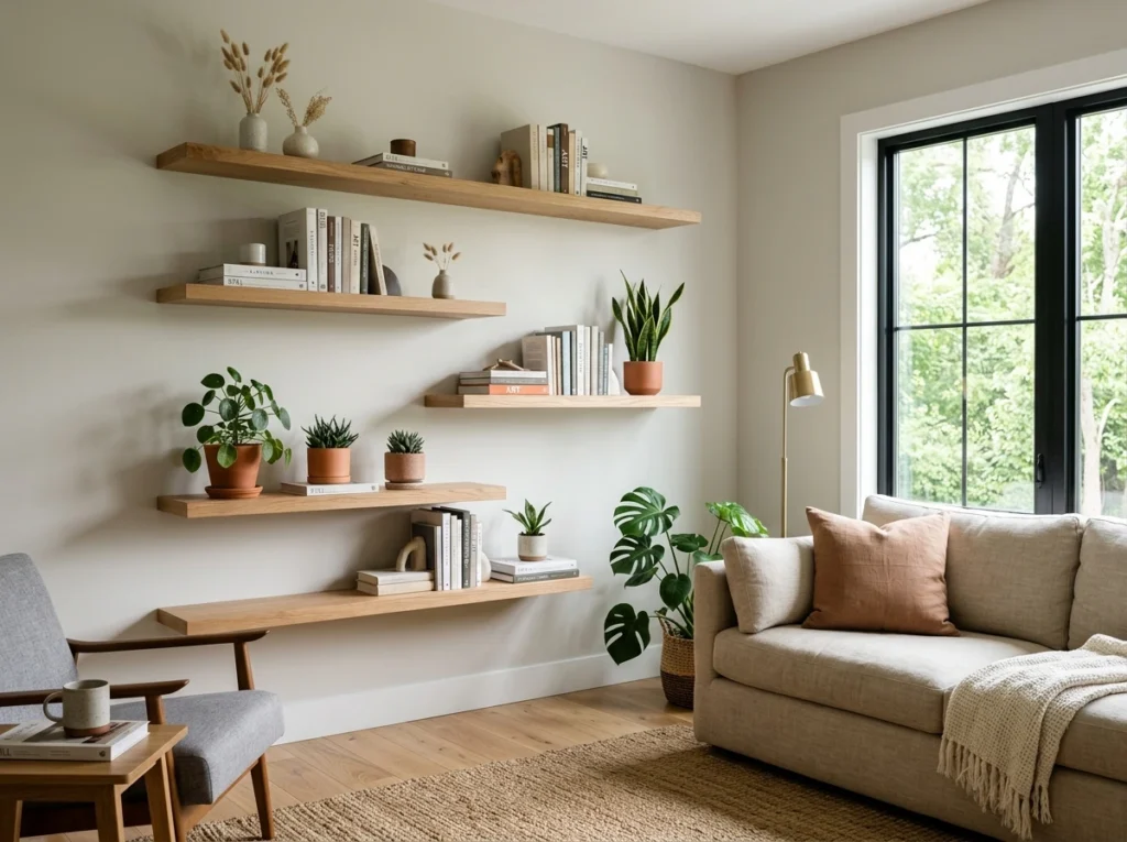 modern living room with floating wall shelves displaying books and plants