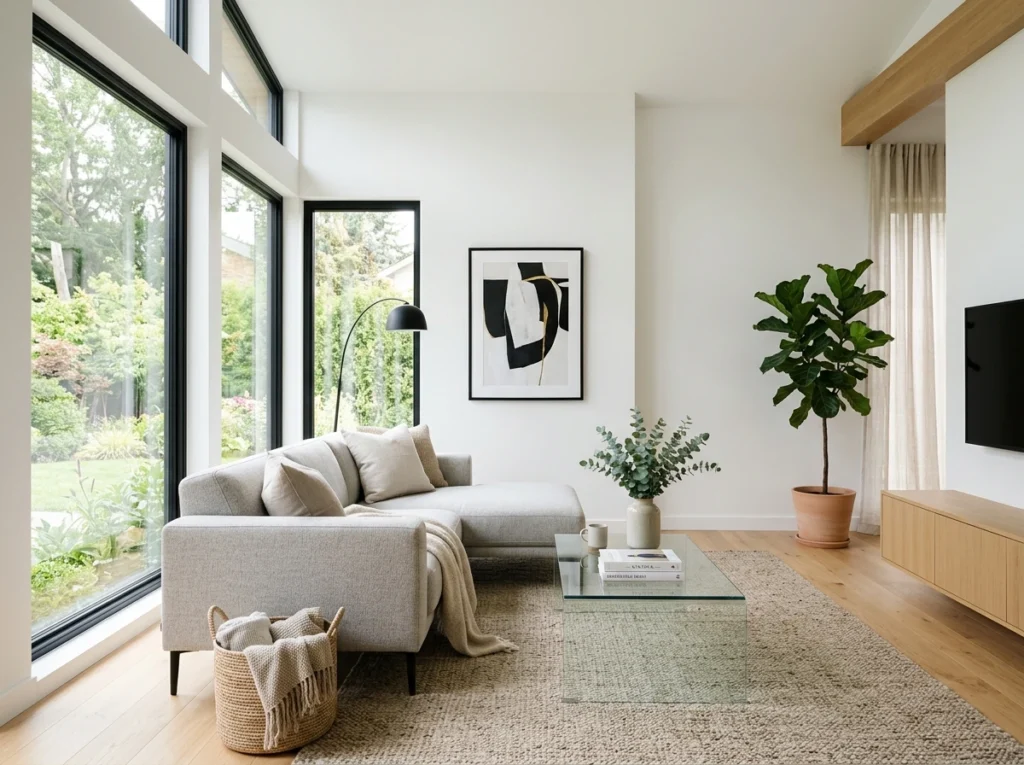 minimal living room with glass coffee table and modern decor