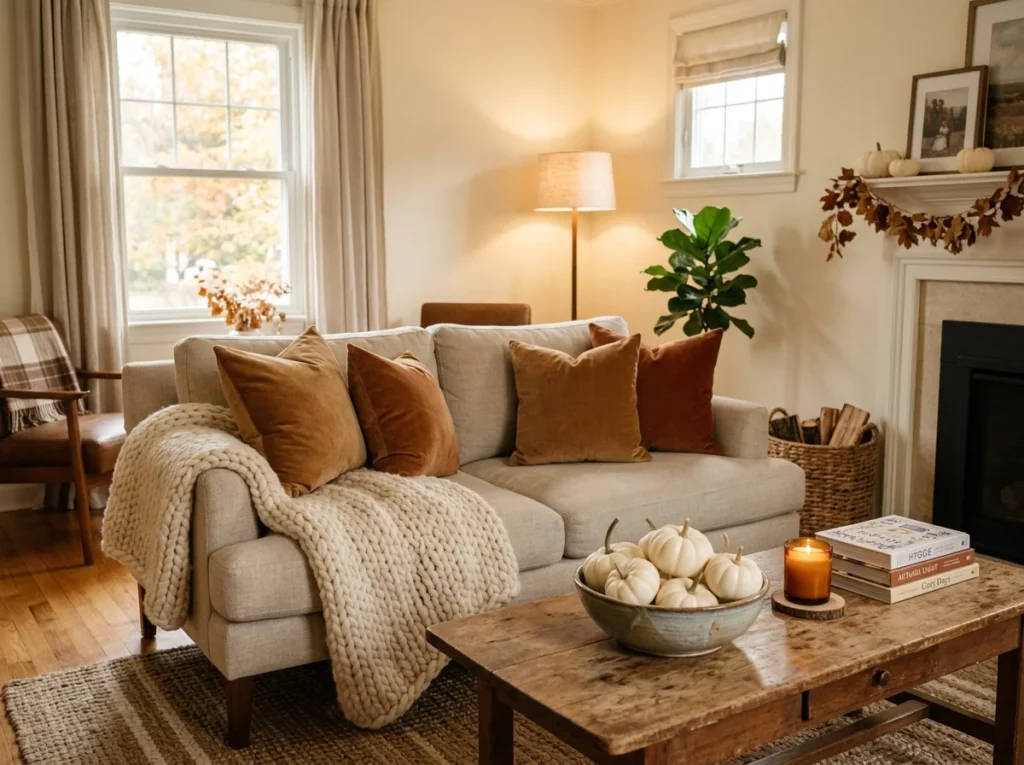 neutral fall living room decor with white pumpkins and warm lamp lighting