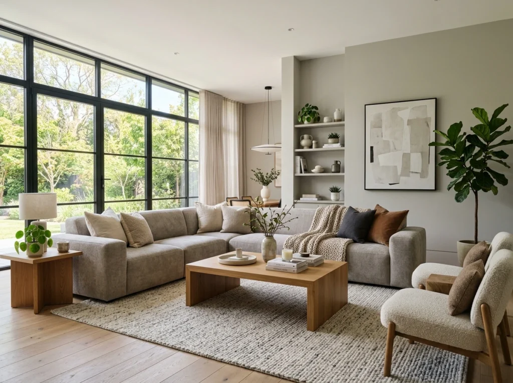 modern living room with modular sectional sofa and cozy neutral decor