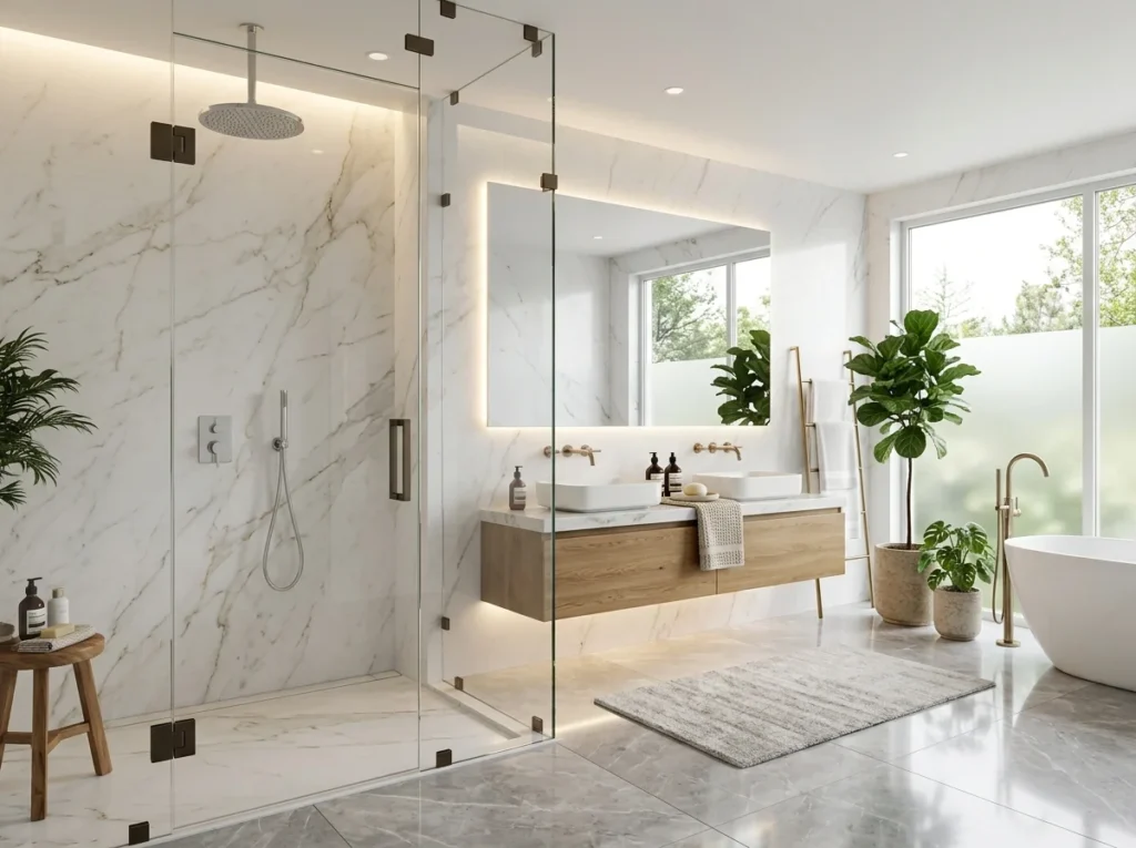 Luxury shower ideas for a relaxing modern bathroom featuring a glass walk-in shower, marble walls, rainfall shower head, warm lighting, and elegant spa-inspired decor.