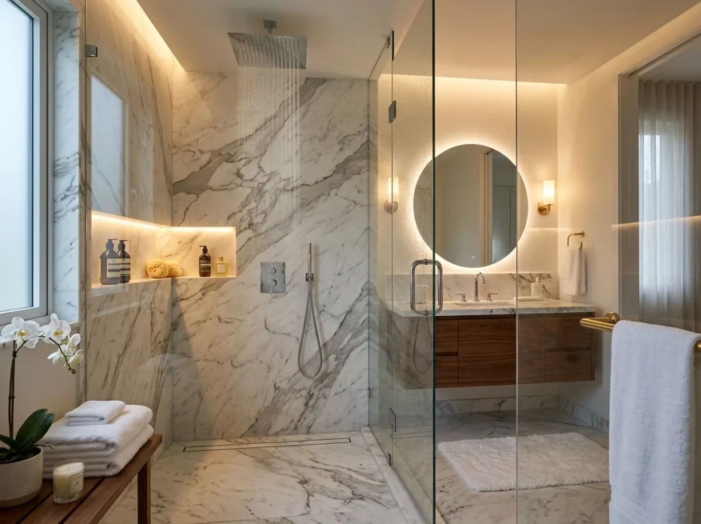 Elegant marble shower walls with soft lighting and modern spa-style design.
