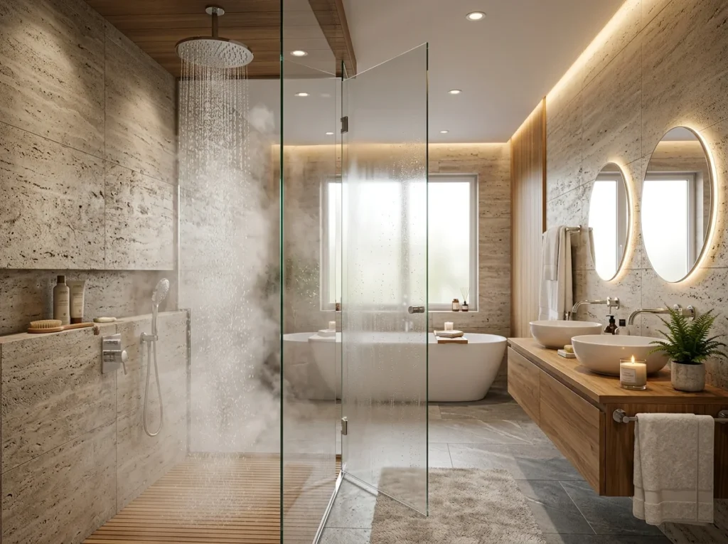 Modern rainfall shower with warm lighting and sleek spa-inspired bathroom decor.