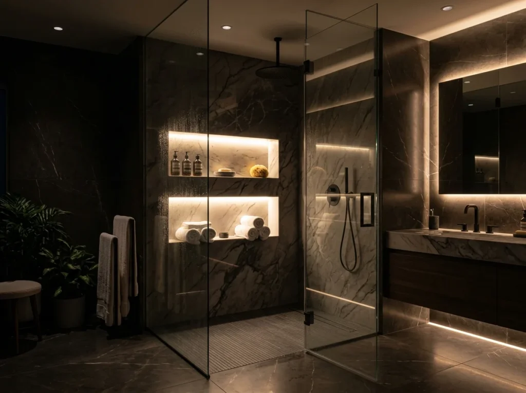 Modern shower with LED lighting, glowing accents, and elegant spa-style bathroom ambiance.