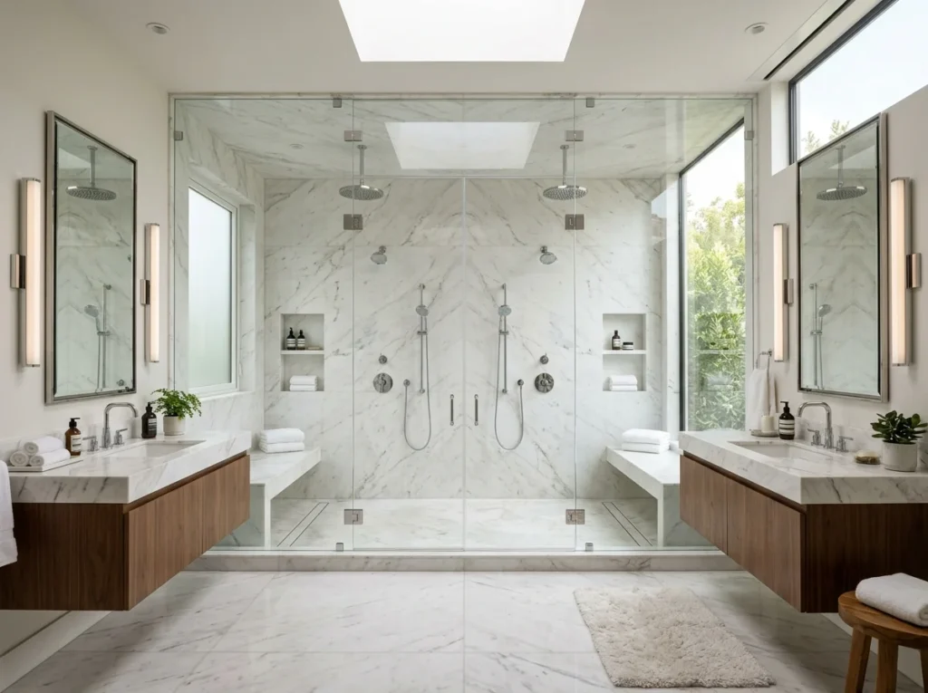 Double shower setup with dual rainfall heads, spacious design, and modern luxury bathroom style.
