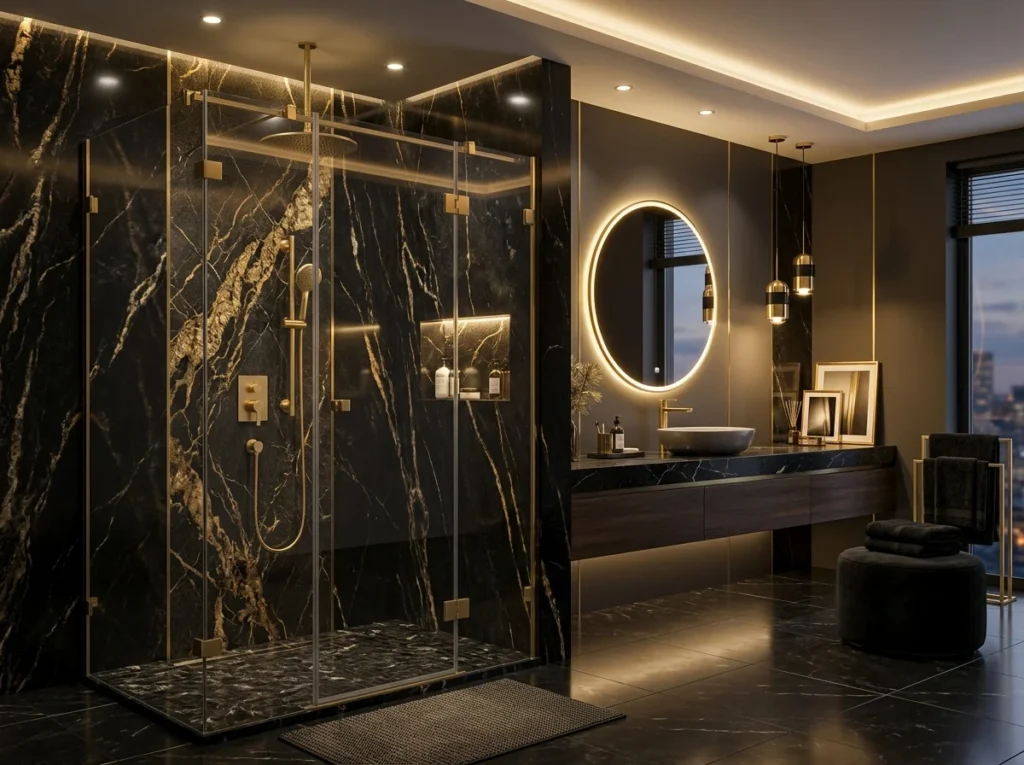 Black and gold shower design with elegant dark tiles and luxury gold fixtures.
