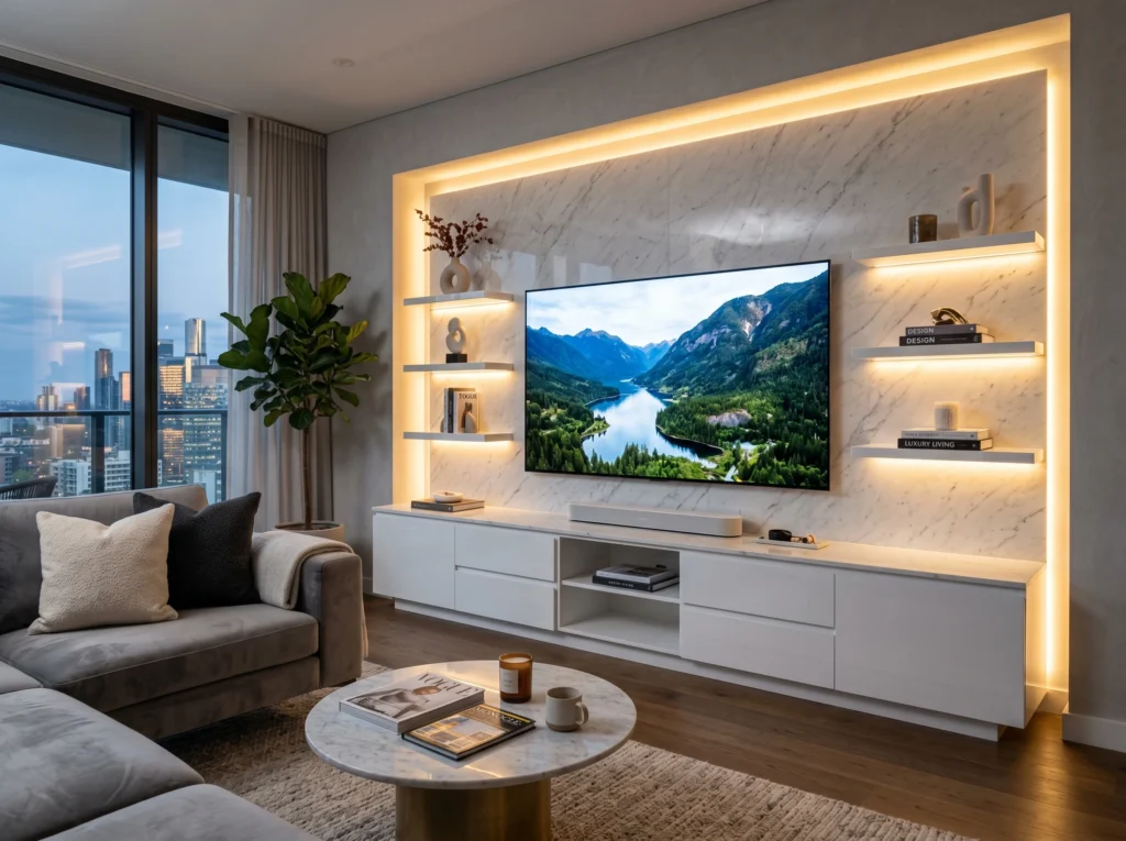 Luxury TV unit design with glossy white finish and LED lighting in modern living room