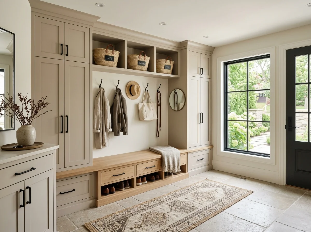 Mud room ideas with luxury built-in storage, bench seating, and wall hooks creating a modern, organized, and stylish home entryway design.