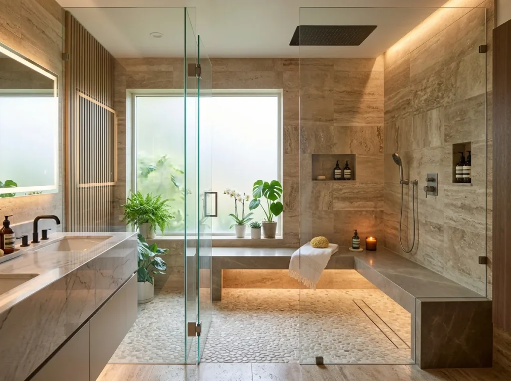 Luxury walk-in shower with built-in seating and elegant modern spa decor.