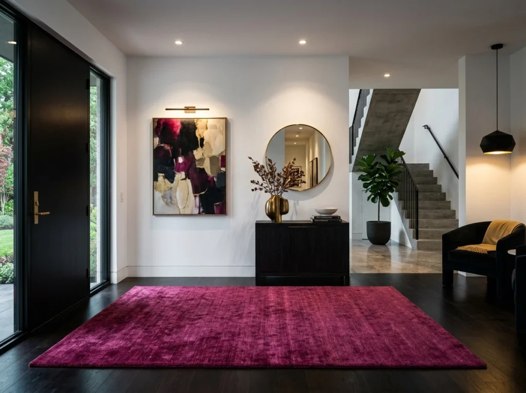 Deep magenta rug in modern entryway, white walls, luxury interior styling, dramatic lighting, bold aesthetic, ultra-realistic