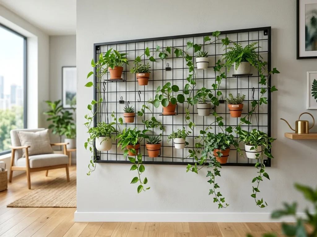 Minimalist metal grid plant wall with hanging pots and climbing vines for modern indoor plant wall art ideas