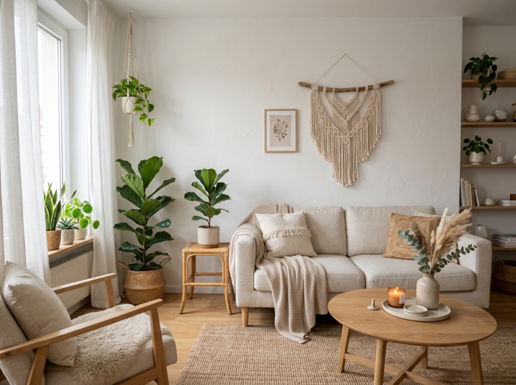 small apartment with minimal boho decor using neutral tones, plants, and natural textures