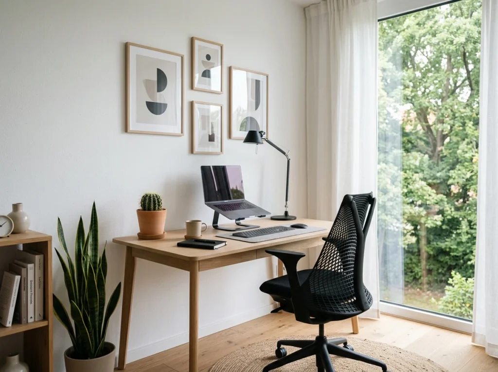 Minimal home office decor with Scandinavian desk, black chair, and natural light workspace