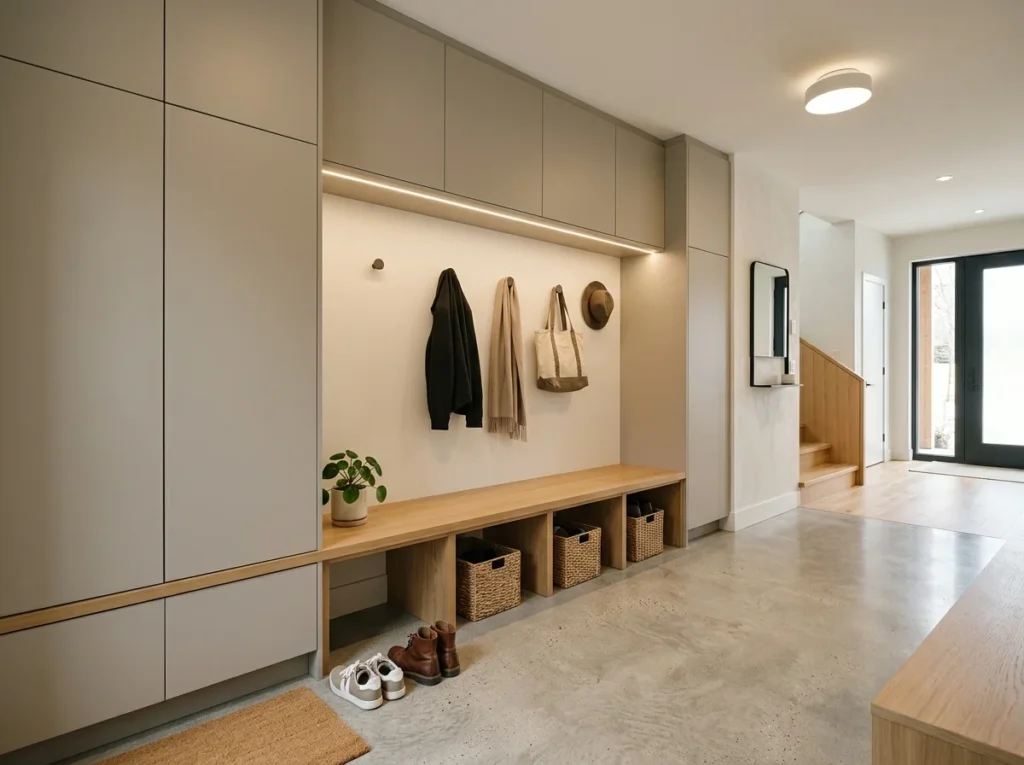 Modern mud room with minimal decor, sleek cabinets, and clean organized entryway design.