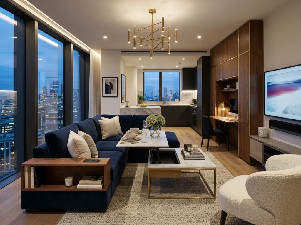 Stylish apartment decor ideas with cozy modern furniture and elegant home styling for a comfortable living space.