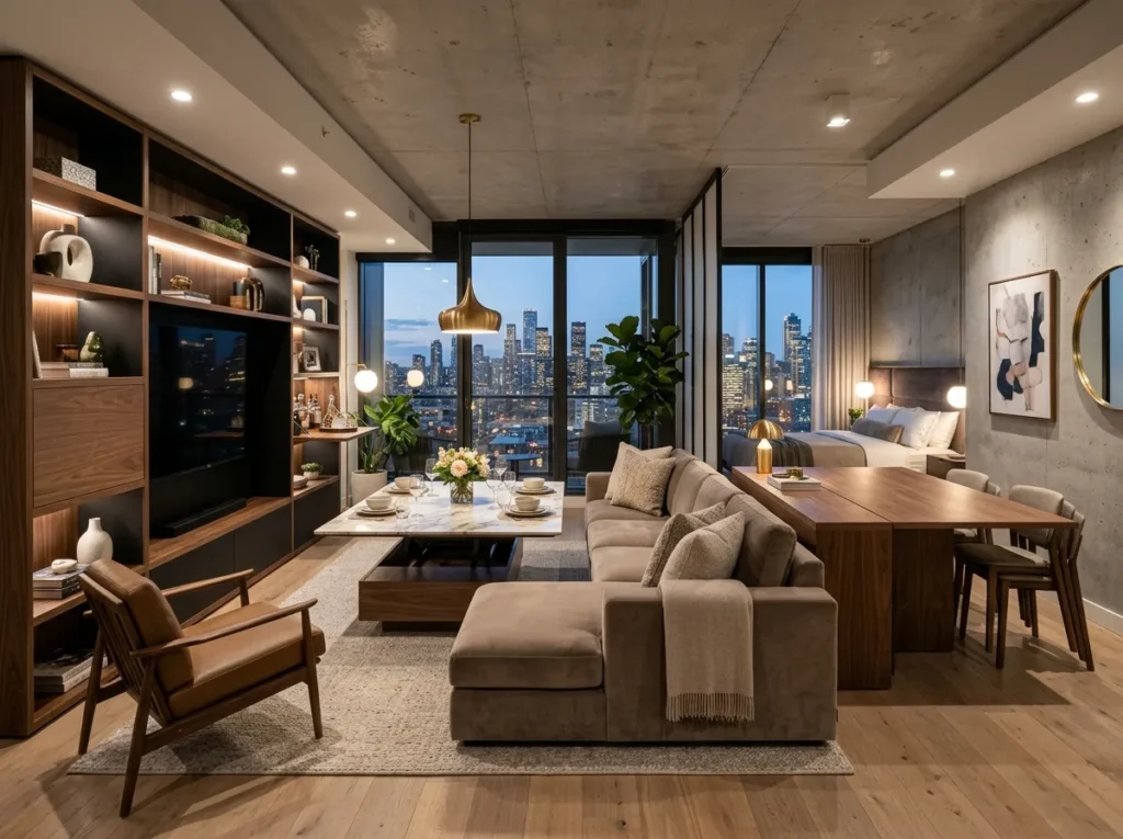 Stylish apartment decor ideas with cozy modern furniture and elegant home styling for a comfortable living space.