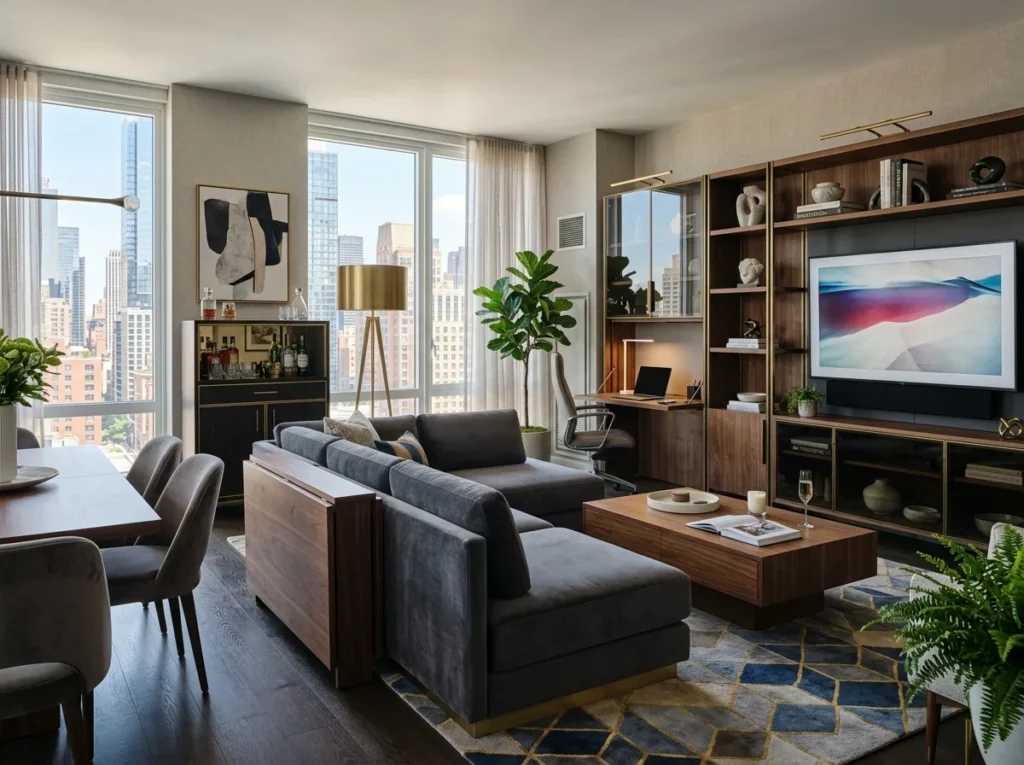 Stylish apartment decor ideas with cozy modern furniture and elegant home styling for a comfortable living space.
