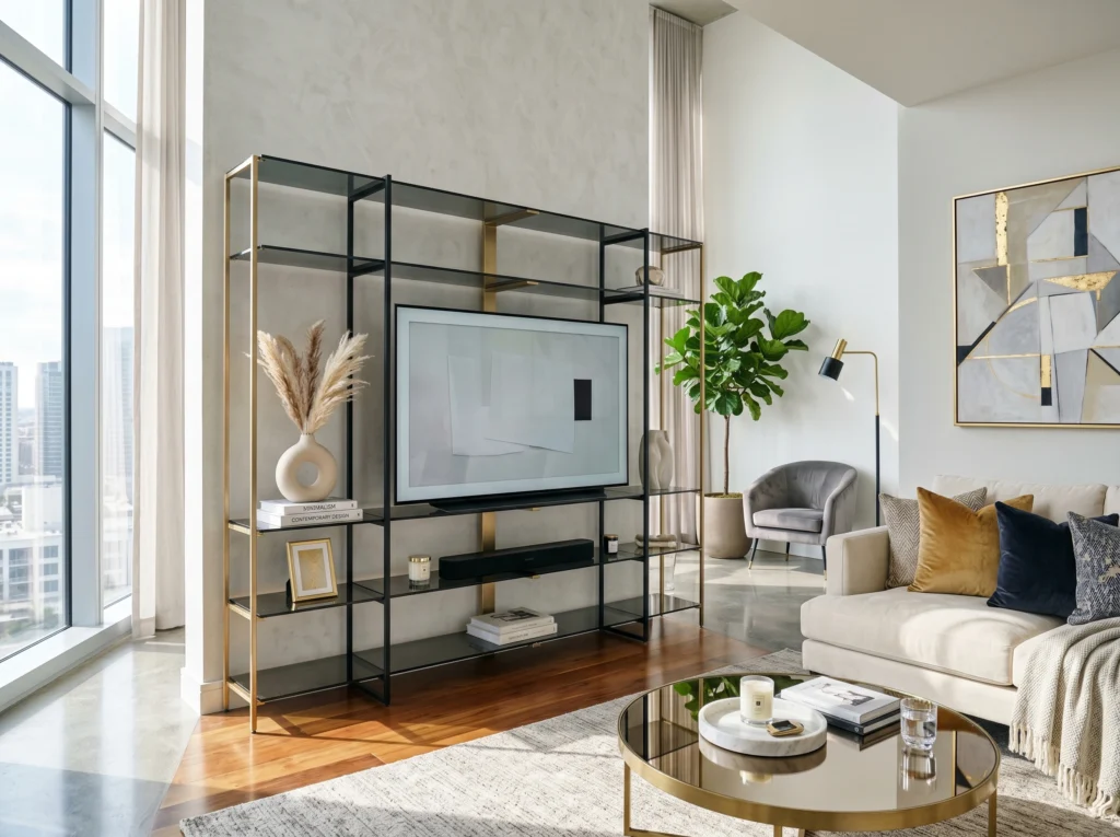 Modern living room featuring a glass and metal TV unit with gold or black frames, tinted glass shelves, and a chic reflective luxury design.