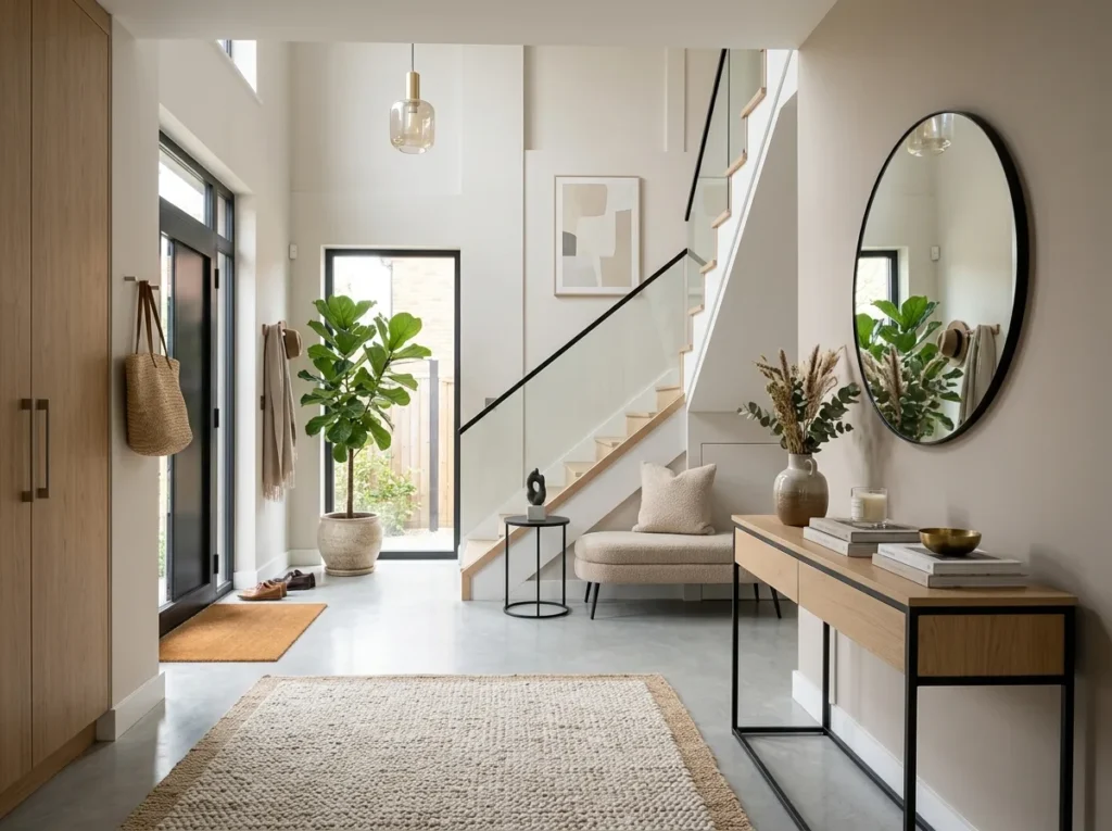modern foyer decor with neutral colors