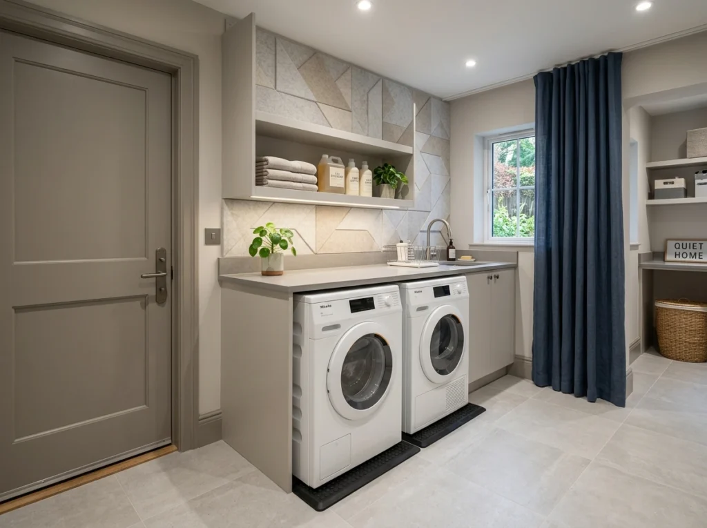 A modern laundry room with washer and dryer on anti-vibration pads, soundproof walls, a solid-core door, and acoustic panels designed to reduce noise.