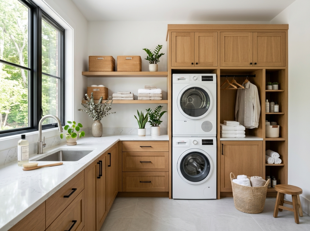 Bright modern laundry room with white quartz countertops, wooden cabinets, stacked washer-dryer unit, and natural light coming through a window.