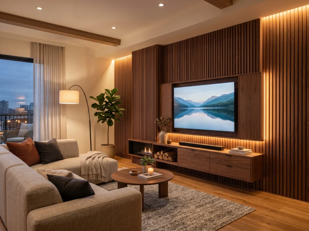 Modern living room featuring a wooden luxury TV unit with warm walnut finish, natural wood grain texture, and soft ambient lighting creating a cozy elegant atmosphere.