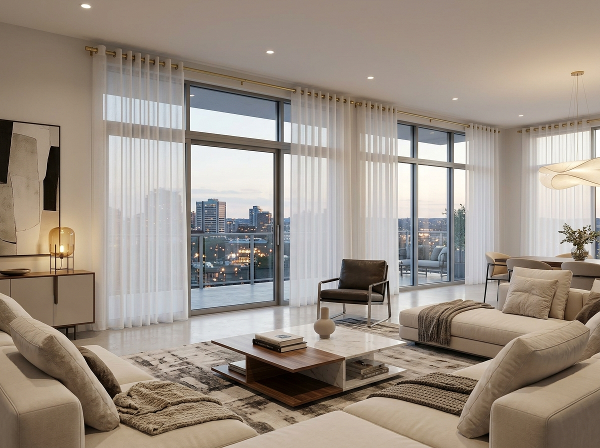 Luxury modern living room with floor-to-ceiling sheer curtains and elegant metallic curtain rods, creating a soft and stylish window decor look with natural light.