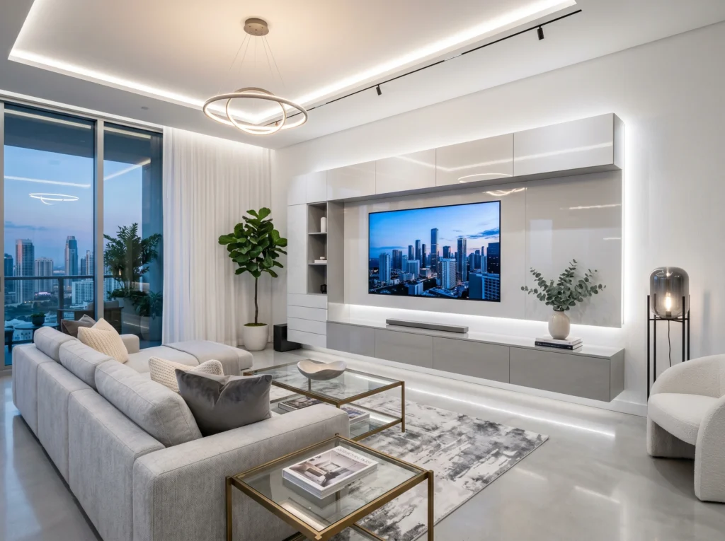 Modern living room featuring a glossy finish TV unit that reflects light, creating a bright and spacious luxury look.