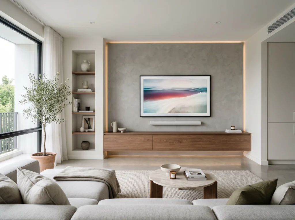 Modern living room featuring a wall-mounted floating TV unit with hidden storage, clean seamless design, and a minimalist clutter-free setup.