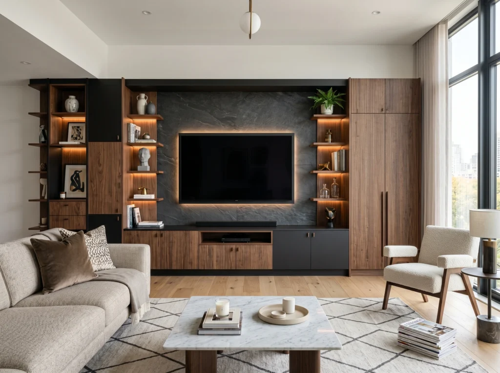 Modern living room featuring a custom-built TV unit with unique design, tailored storage, and a stylish integrated wall setup.