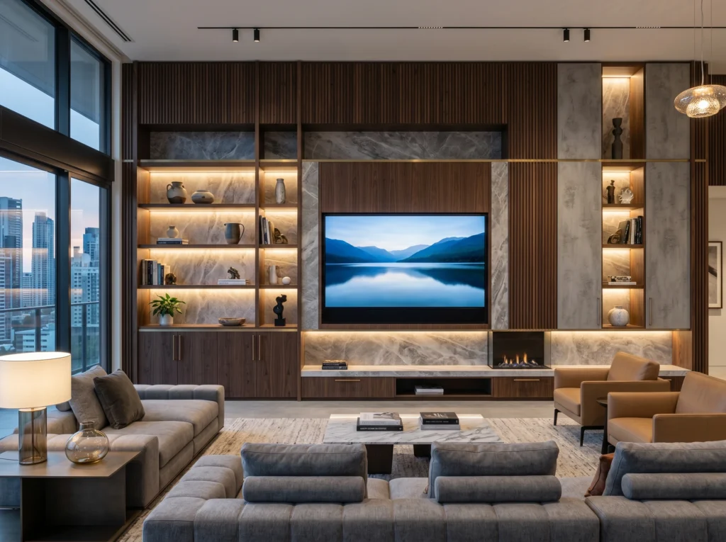 Modern living room featuring a floor-to-ceiling TV unit wall with full-height panels, integrated storage cabinets, and a grand luxury architectural design.