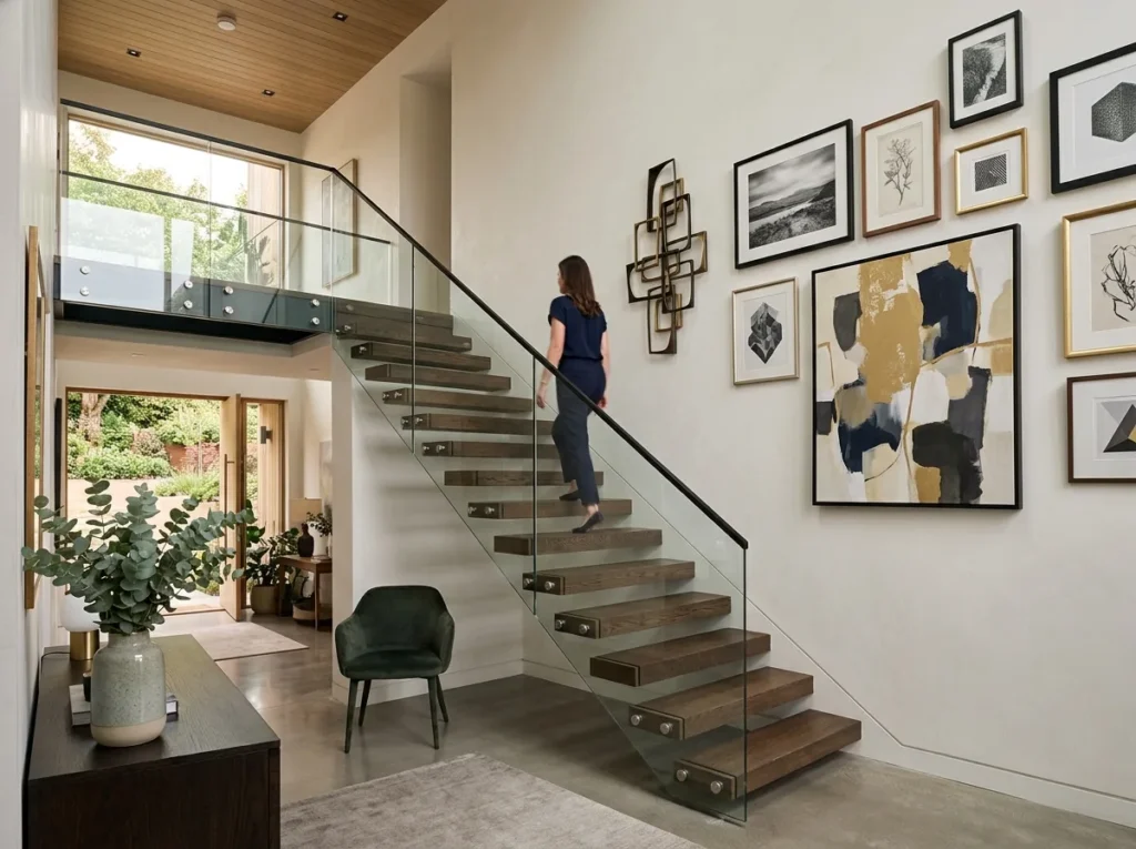 Stylish staircase decoration ideas with modern wall art, elegant lighting, and luxury home decor accents for a beautiful interior makeover.
