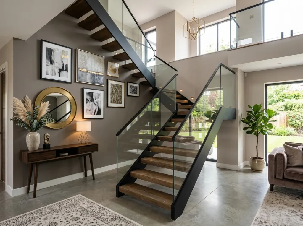 Stylish staircase decoration ideas with modern wall art, elegant lighting, and luxury home decor accents for a beautiful interior makeover.