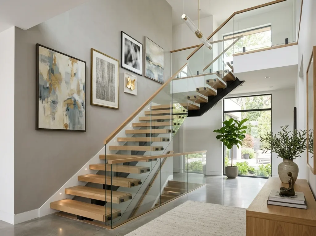 Beautiful staircase decor ideas with framed gallery walls and soft warm lighting for a cozy stylish look.