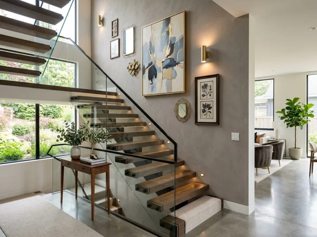 Stylish staircase decoration with modern wall art and elegant pendant lighting for a luxury home interior.