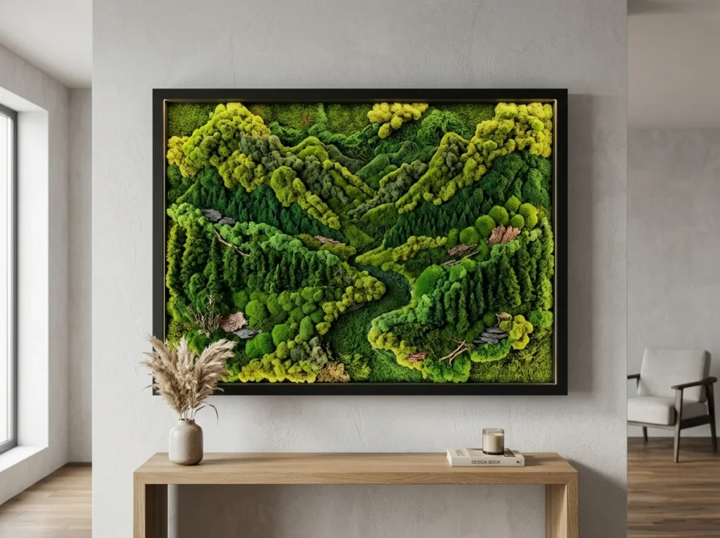 Framed moss wall art made with preserved green moss in a shadow box frame for zero-maintenance plant wall art ideas in modern home decor