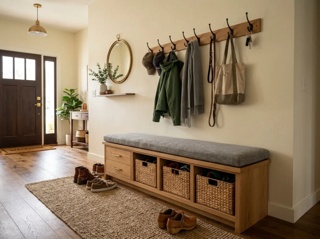 Mud room bench with hidden storage, cushions, and hooks creating a neat and functional entryway seating area.