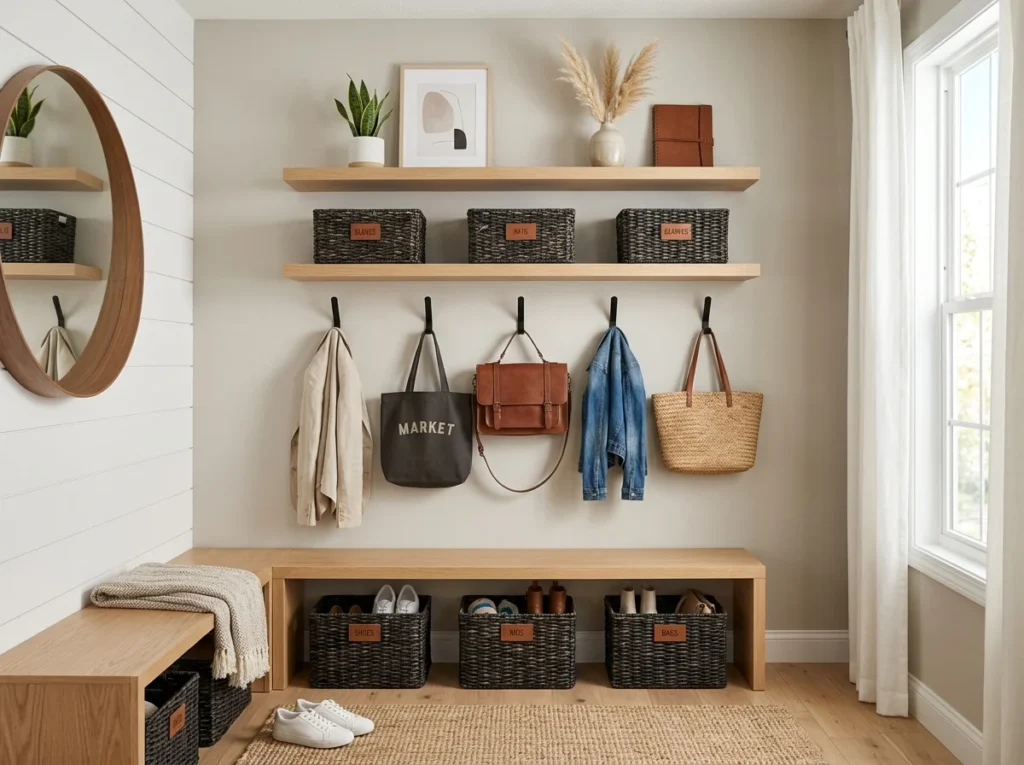 Mud room wall hooks and shelves for organized coats, bags, and accessories in a stylish entryway.