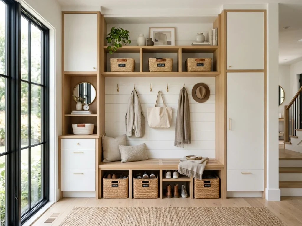 Built-in mud room storage with cabinets, shelves, hooks, and bench for organized and modern home entryway design.