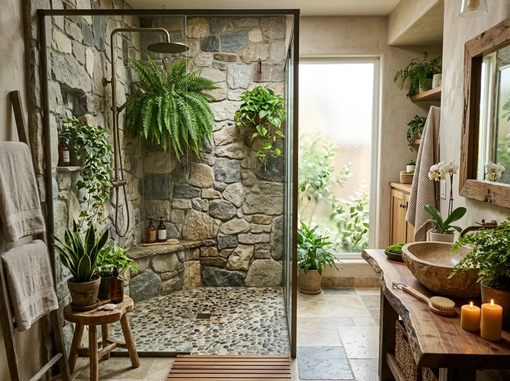 Natural stone shower with earthy textures, greenery accents, and relaxing spa-inspired bathroom design.